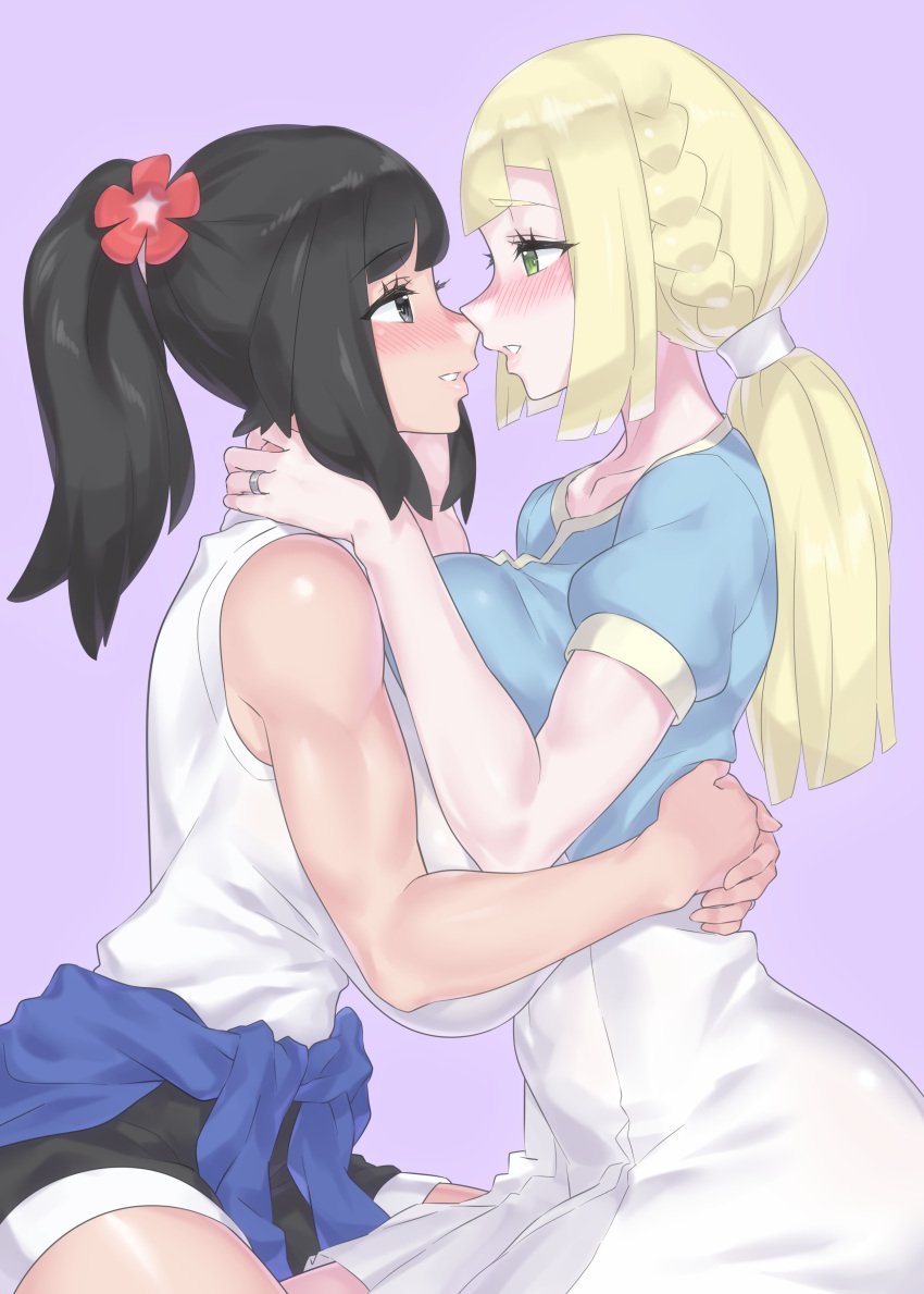 2girls aged_up big_breasts black_eyes black_hair black_shorts blonde blonde_female blonde_hair blonde_hair_female blue_jacket blue_shirt blush_lines blushing_at_partner breasts female/female female_focus female_only girl_on_girl girls girls_only green_eyes hair_flower holding_each_other huge_breasts jacket jacket_around_waist large_breasts lesbian lesbians lillie_(pokemon) looking_at_each_other married_couple mizuumi_(bb) nintendo only_female pokemon pokemon_sm ponytail ring selene_(pokemon) shirt shorts skirt wedding_ring white_shirt white_skirt wife_and_wife yuri