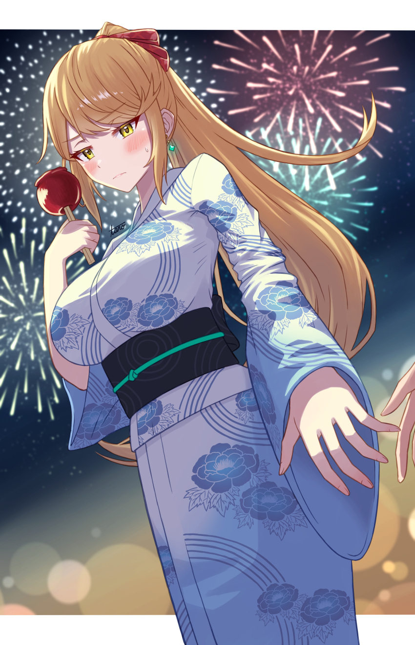 1girls blonde_hair blue_kimono breasts candy candy_apple earrings fireworks floral_print food hairbow holding_food kimono large_breasts looking_at_viewer mythra night nintendo ponytail sash taro_(peach_taro51) xenoblade_(series) xenoblade_chronicles_2 yellow_eyes