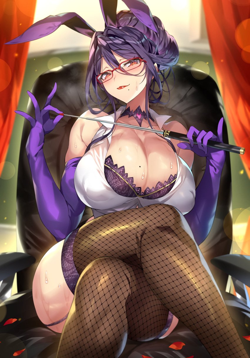 1girls baton bra bra_peek breasts bunny_ears bunnystein_fantasy chair crossed_legs elbow_gloves fake_animal_ears fishnet_thighhighs fishnets gan_(shanimuni) garter_straps glasses gloves holding_baton large_breasts looking_at_viewer milf mizuki_(bunnystein_fantasy) mole mole_on_breast mole_under_mouth petals ponytail purple_bra purple_hair red_eyes shirt sitting_on_chair white_shirt