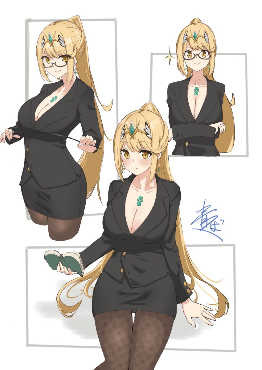 1girls aotsuba black_jacket black_skirt blonde_hair book breasts core_crystal earrings formal glasses holding_book holding_pointer jacket large_breasts looking_at_viewer mythra nintendo office_lady pantyhose pencil_skirt pointer ponytail skirt suit tiara xenoblade_(series) xenoblade_chronicles_2 yellow_eyes