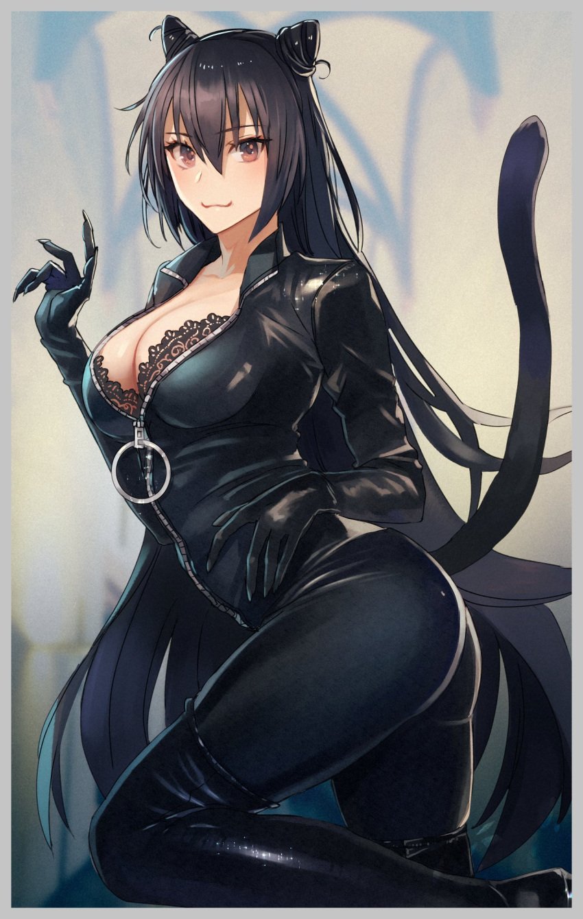 1girls ass black_bodysuit black_bra black_hair bodysuit bra bra_peek breasts brown_eyes cat_ears cat_tail claws fake_animal_ears fake_tail kantai_collection kasumi_(skchkko) large_breasts long_hair looking_at_viewer nagato_(kantai_collection) zipper zipper_pull_tab