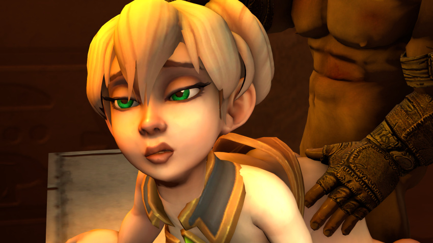 1boy 3d ambiguous_penetration artist_request blonde_hair chromie dark-skinned_male female gnome gnome_(warcraft) green_eyes male partially_clothed sex shortstack size_difference warcraft world_of_warcraft