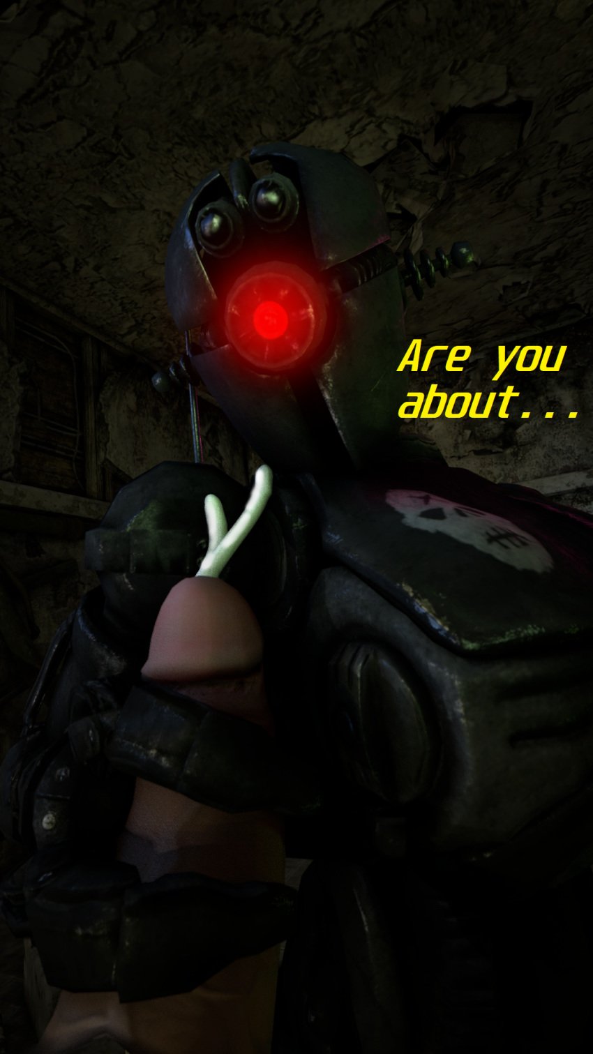 1boy 1girls 3d assaultron big_penis cum english_text eye_contact fallout fallout_4 female handjob human human_on_robot indoors looking_at_viewer machine male male_pov one_eye penis pov red_eyes robot sfmnexus talking_to_viewer text thick_thighs veins veiny_penis wide_hips