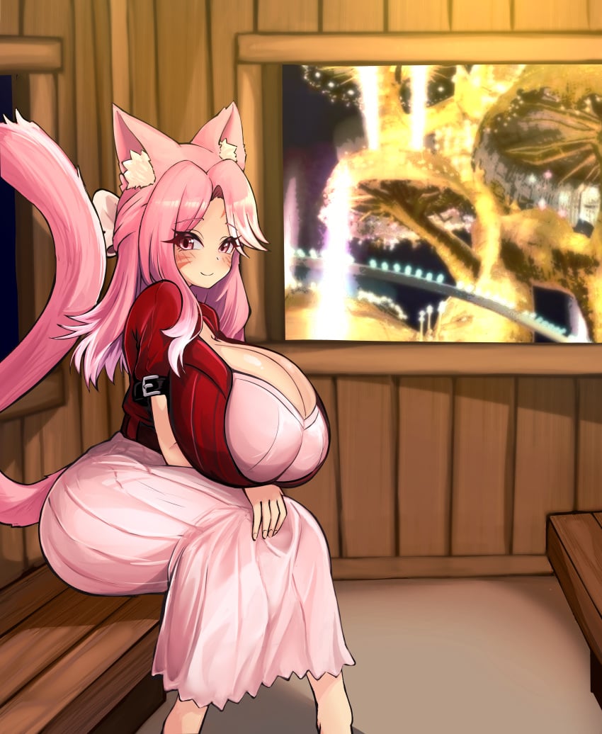 aerith_gainsborough alternate_version_available barefoot big_breasts bow_ribbon cat_ears cat_tail catgirl comelyfay cosplay dress female final_fantasy final_fantasy_vii final_fantasy_vii_remake gold_saucer jacket milf mommy pink_eyes pink_hair pov pov_eye_contact shiori_rosebrace sitting sitting_on_chair solo solo_female solo_focus srosebrace_copyright