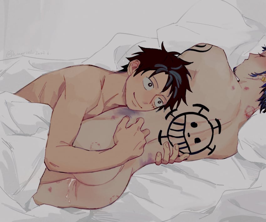 2boys after_sex ass back back_tattoo bed bite_mark bite_mark_on_ass black_hair blush bruise closed_eyes commentary_request completely_nude cum cumdrip demorzel earrings facial_hair goatee hickey highres hug injury jewelry long_sideburns lying male male_only monkey_d_luffy multiple_boys nude on_bed on_side one_piece pillow scar scar_on_cheek scar_on_face shoulder_tattoo sideburns sleeping smile tattoo trafalgar_law wholesome yaoi