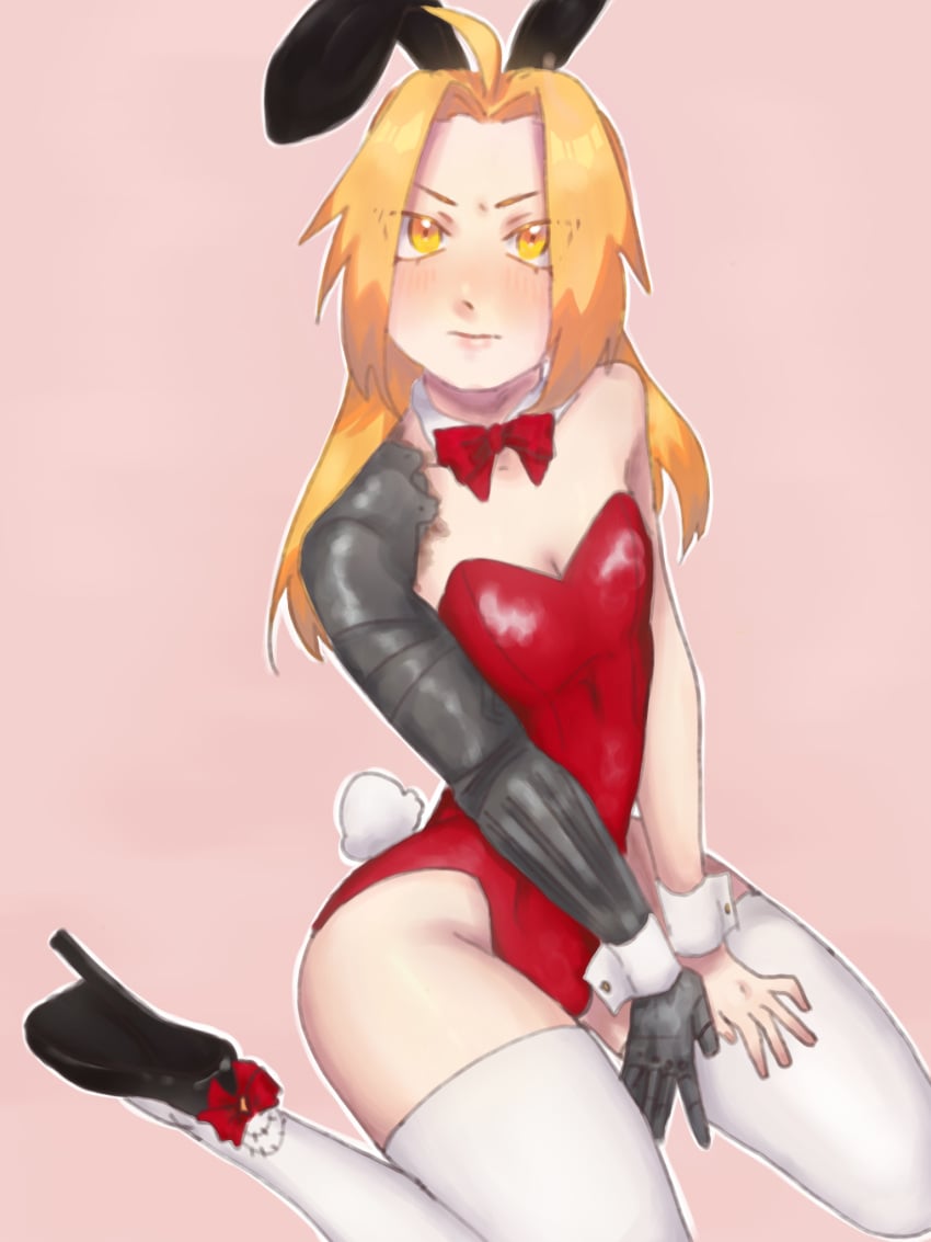 1boy blonde_hair blush bunny_ears bunnysuit edward_elric femboy fullmetal_alchemist heels light_skin long_hair long_socks metal_arm prothesis shy solo_male yellow_eyes