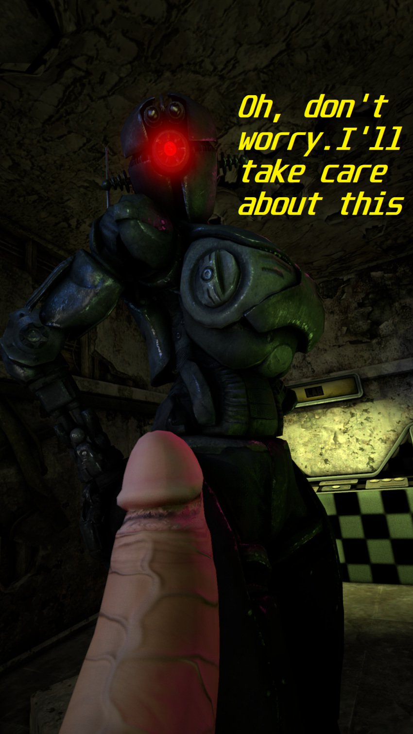 1boy 1girls 3d assaultron big_penis english_text eye_contact fallout fallout_4 female human human_on_robot indoors looking_at_viewer machine male male_pov one_eye penis pov red_eyes robot sfmnexus talking_to_viewer text thick_thighs typo veins veiny_penis wide_hips