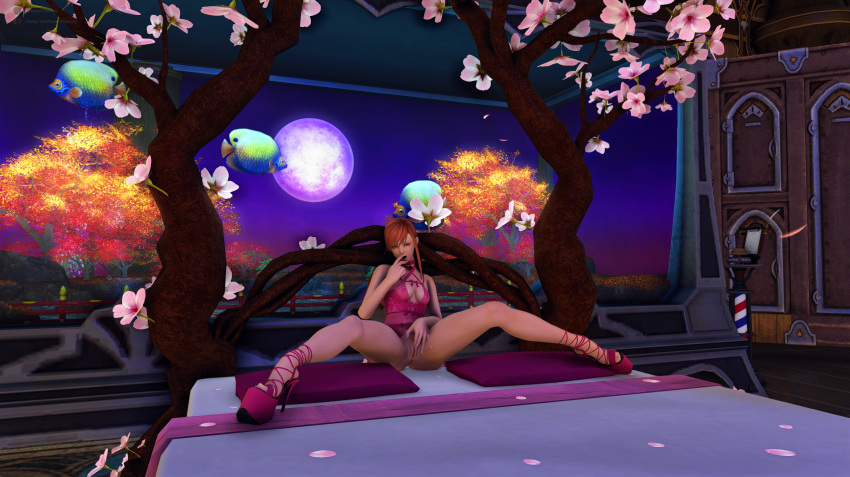 aquarium babydoll bed blue_eyes cherry_blossoms choker female final_fantasy_xiv fingering fish heels legs_spread midlander pink_choker pink_clothing platform_heels red_hair ryne_waters seated solo_focus