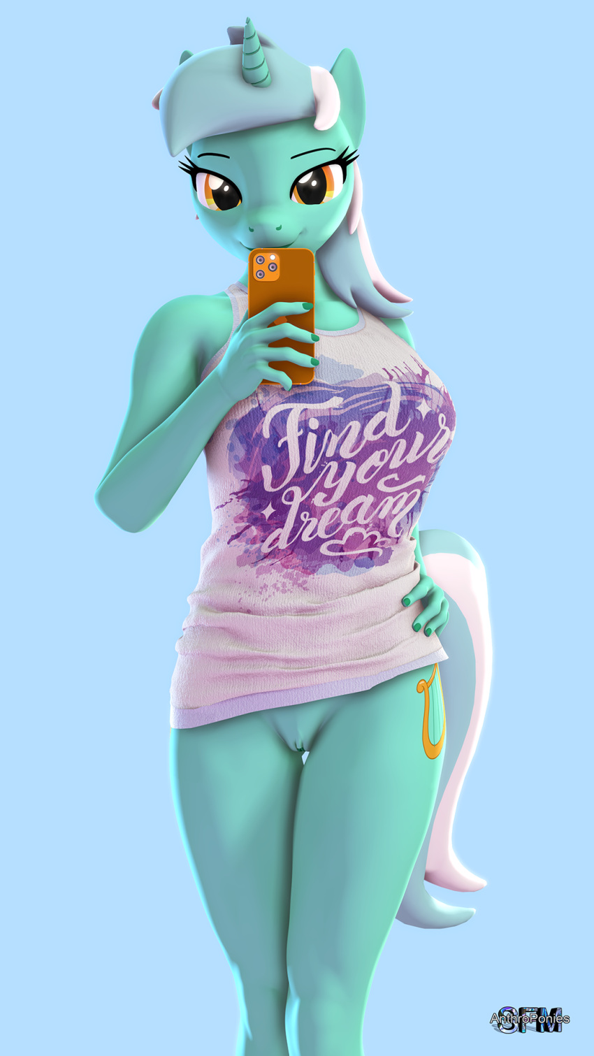 3d amber_eyes anthroponiessfm cellphone clothing cutie_mark electronics equid equine female friendship_is_magic fur genitals green_body green_fur green_hair green_tail hair hasbro hi_res horn looking_at_viewer lyra_heartstrings_(mlp) mammal multicolored_hair my_little_pony phone pussy shirt smartphone tail tank_top tank_top_only topwear two_tone_hair two_tone_tail unicorn white_hair white_tail