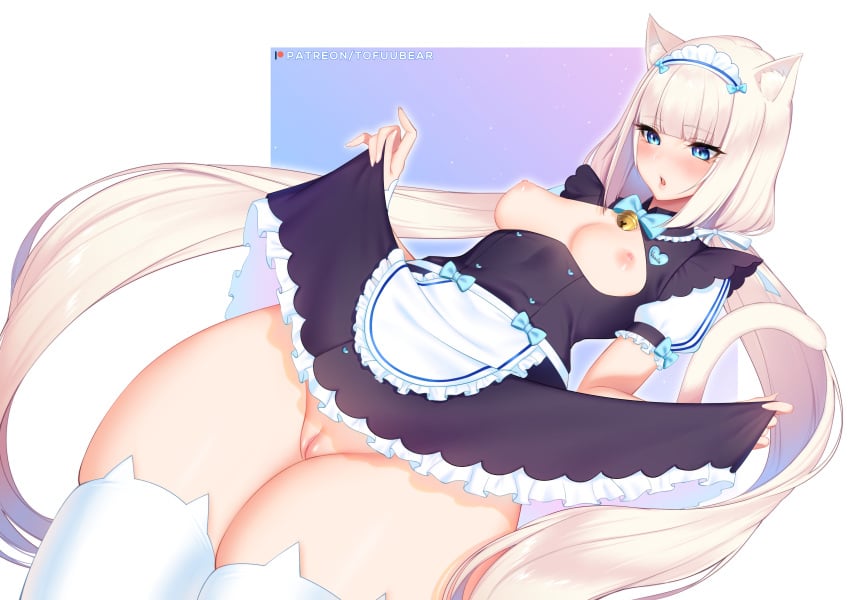 animal_ears apron aqua_eyes bell bow catgirl headdress long_hair maid nekopara nopan pussy skirt_lift tail thighhighs tofuubear uncensored vanilla_(sayori) waitress watermark white_hair