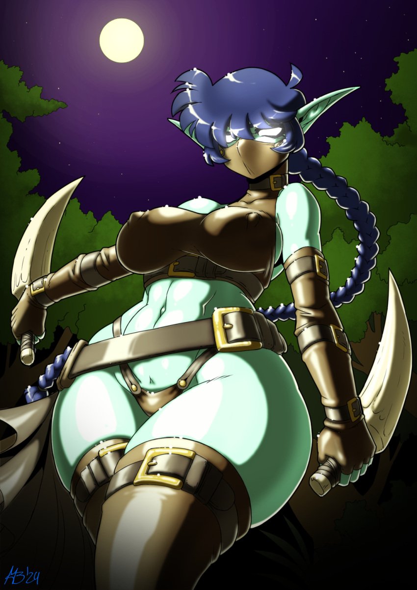 1girls artist_signature big_breasts blue_hair detailed detailed_background female female_focus female_only full_color full_moon green_skin hourglass_figure large_breasts mad-project mask masked masked_female no_pupils skylanders solo solo_female solo_focus stealth_elf thick thick_thighs thighhighs thighs thin_waist thong white_eyes wide_hips