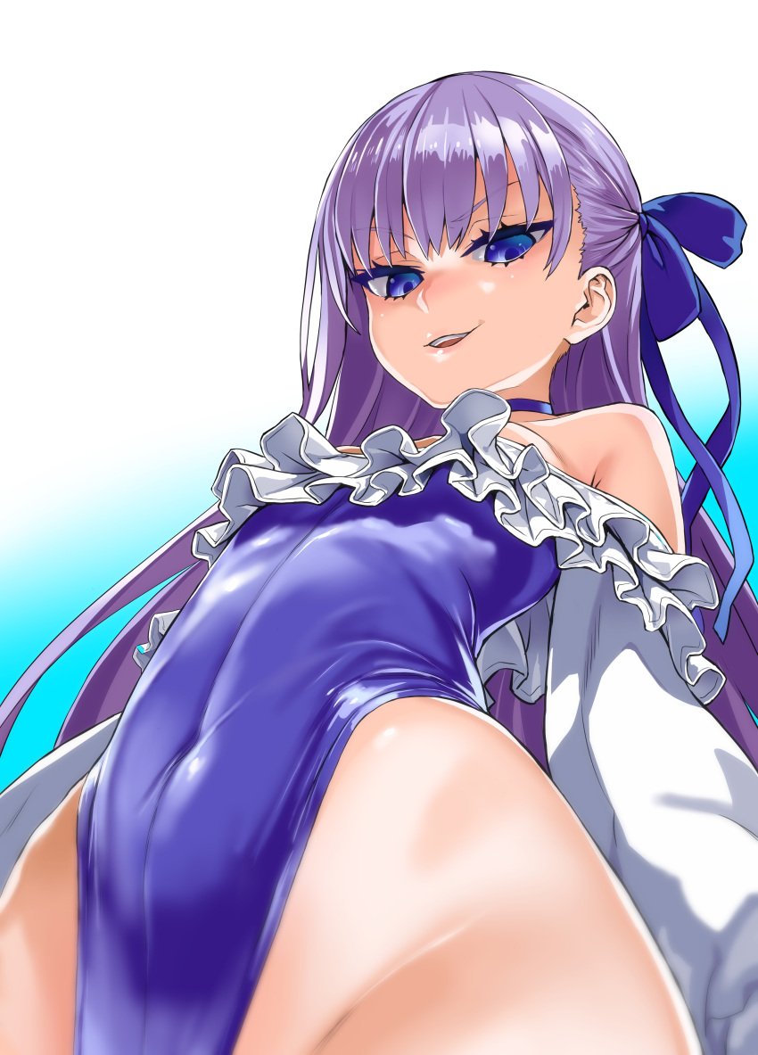 1girl asanagi blue_hairband female frills light-skinned_female light_skin looking_at_viewer looking_down meltryllis purple_hair small_breasts smirk solo