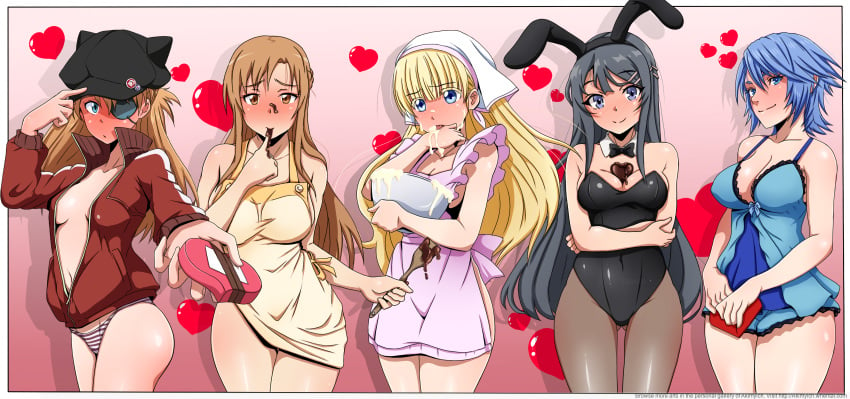 5girls akimyich apron aqua_(kingdom_hearts) asuka_langley_sohryu blush bunny_ears bunnysuit chocolate clothing crossover disney female female_only full-face_blush jacket juliet_persia kingdom_hearts kishuku_gakkou_no_juliet lingerie multiple_girls naked_apron neon_genesis_evangelion panties pantyhose sakurajima_mai seishun_buta_yarou_wa_bunny_girl_senpai_no_yume_wo_minai square_enix striped_panties sword_art_online valentine's_day whentai yuuki_asuna