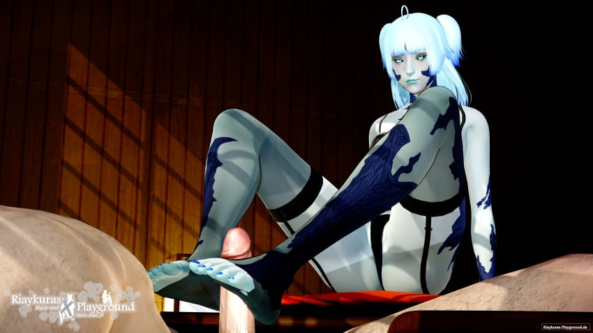 3d au_ra azurauge black_eyeshadow black_panties black_scales black_stockings black_underwear blue_eyes blue_hair blue_lips blue_lipstick blue_nail_polish blue_nails blue_skin blue_skinned_female erect_penis erection feet final_fantasy final_fantasy_xiv foot_fetish footjob footjob_with_legwear footwear hi_res high_resolution highres legs lingerie lingerie_only looking_at_partner male/female nail_polish nails panties penis_between_feet pillows riaykuras_playground scales self_upload sitting stockings toeless_legwear toeless_stockings toenail_polish toenails underwear