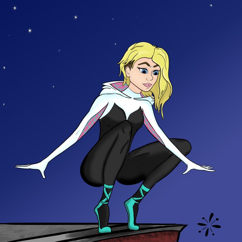 1girls asymmetrical_hair blonde_female blonde_hair female female_only ghost-spider ghost_spider gwen_stacy gwen_stacy_(spider-verse) marvel small_breasts solo sparks_california spider-gwen spider-gwen_(spider-verse) spider-man:_into_the_spider-verse squatting super_heroine