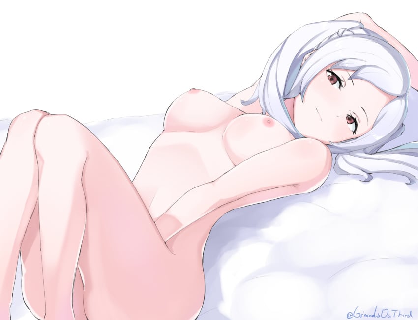 1girls arm_behind_head breasts completely_nude female_only fire_emblem fire_emblem_awakening grimmelsdathird implied_masturbation large_breasts looking_at_viewer lying_on_back naughty_face nude robin_(fire_emblem) robin_(fire_emblem)_(female) smile twintails white_hair