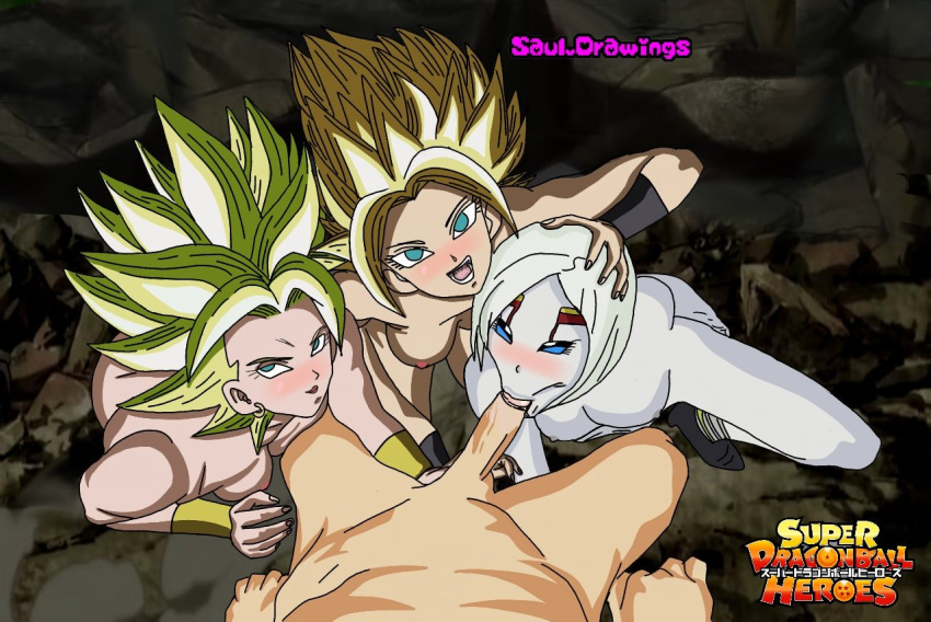 1boy 3girls :>= assisted_fellatio blonde_hair blowjob blue_eyes breasts caulifla copyright_name dragon_ball dragon_ball_heroes dragon_ball_super erect_nipples erect_penis erection eye_contact faceless_male fellatio female female_saiyan foursome green_hair half-closed_eyes interspecies kale kale_(berserker) kamin large_penis legendary_super_saiyan looking_at_viewer male male_pov multiple_girls muscular muscular_female neo_machine_mutant nipples oral penis pov saiyan simple_background squatting super_dragon_ball_heroes super_saiyan super_saiyan_2 three_on_one tuffle universe_6 universe_6/universe_7 watermark white_hair white_skin