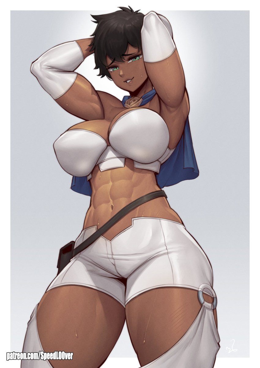 1girls abs arms_behind_head arms_up bare_shoulders bare_thighs big_breasts black_clover blue_rose_uniform brown_hair clothed clothing color dark-skinned_female dark_skin female female_focus female_only green_eyes hi_res large_breasts looking_at_viewer muscles muscular muscular_female short_hair smile smirk sol_marron solo solo_female speedl00ver sweat tagme thick_thighs