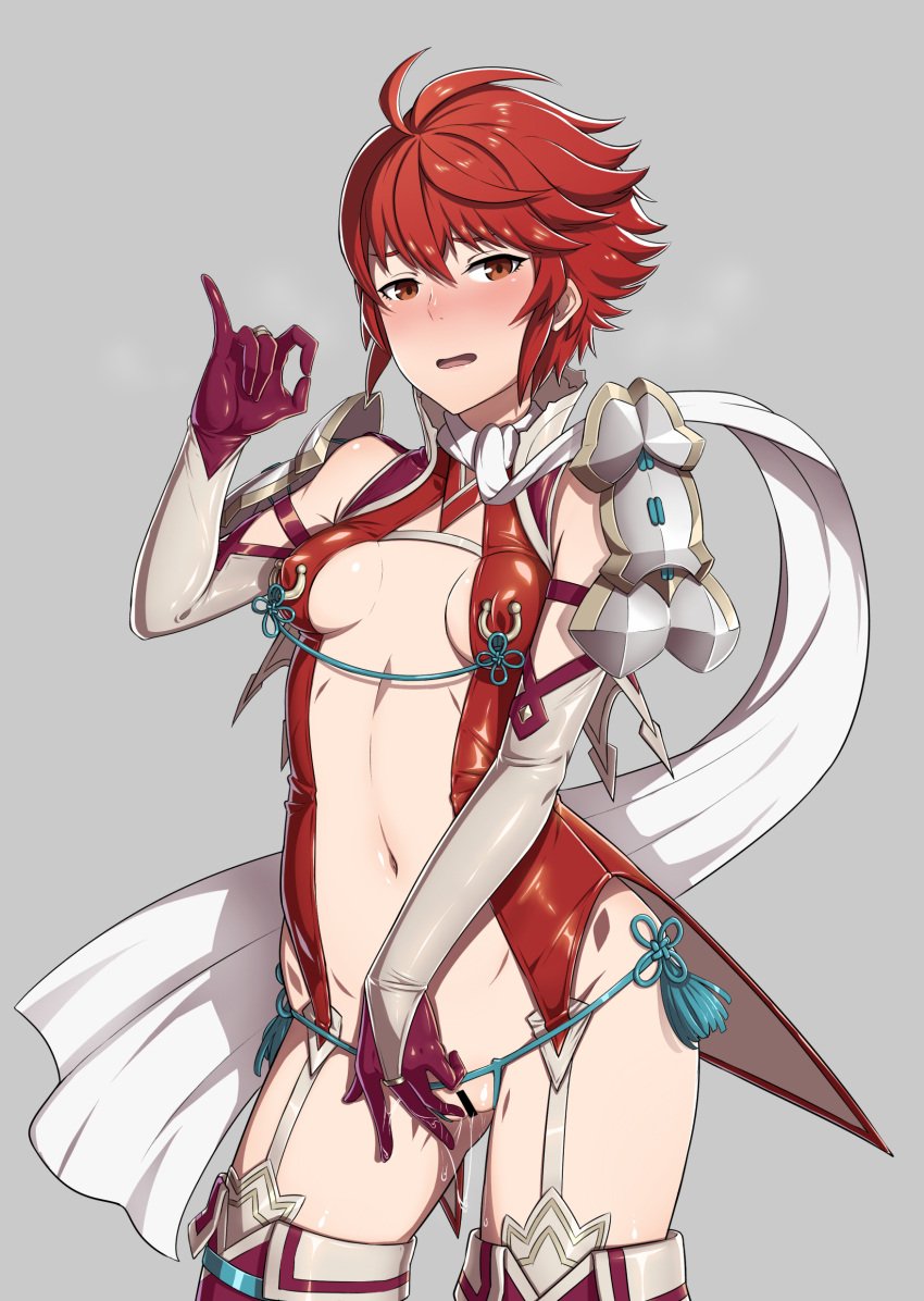 1girls adapted_costume alternate_costume ass_visible_through_thighs bare_midriff bare_thighs blush breasts bridal_gauntlets censored center_opening crotchless crotchless_panties embarrassed fellatio_gesture female female_only fingering fingering_self fire_emblem fire_emblem_fates garter_straps gesture gloves gozaru green_panties hinoka_(fire_emblem) linked_nipples looking_at_viewer masturbation midriff nintendo open_mouth orange_eyes panties piercing pussy red_eyes red_hair revealing_clothes ring_piercing scarf short_hair sideboob small_breasts smile solo suggestive thighs underwear vaginal_penetration