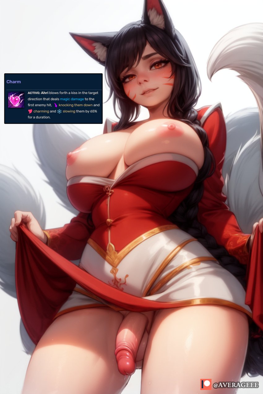 1futa ahri ai_generated averageee black_hair blush braid face_markings flaccid fox_ears fox_girl fox_tail from_below futanari large_breasts league_of_legends nipples orange_eyes small_penis stable_diffusion tail testicles