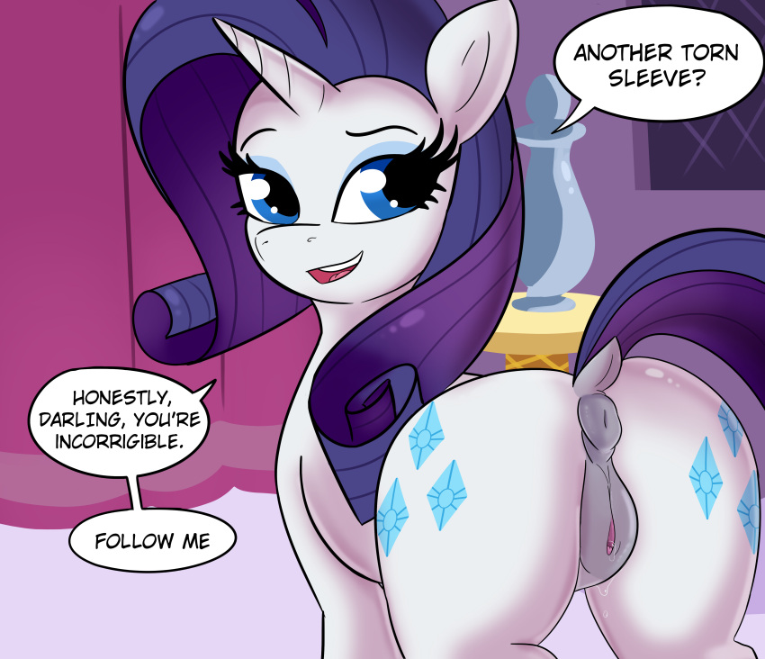 absurd_res anus ass bodily_fluids casual dialogue english_text equid equine eyelashes female feral friendship_is_magic genital_fluids genitals hair hasbro hi_res horn looking_back mammal my_little_pony nudist pupils pussy rarity_(mlp) solo speech_bubble text thick_thighs tjpones unicorn vaginal_fluids