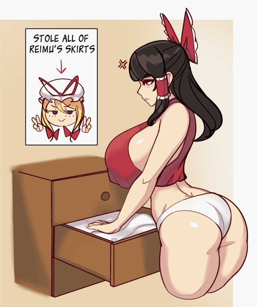 alternate_breast_size angry ass blonde_hair bow breasts brown_eyes brown_hair collar double_v drawer female hair_tubes hairbow hakurei_reimu hat hat_ribbon highres huge_ass huge_breasts medium_hair mob_cap nicecream open_drawer panties purple_eyes red_bow red_shirt reimu_hakurei ribbon shirt sidelocks simple_background solo touhou underwear v v-shaped_eyebrows white_background white_collar white_panties yakumo_yukari yukari_yakumo