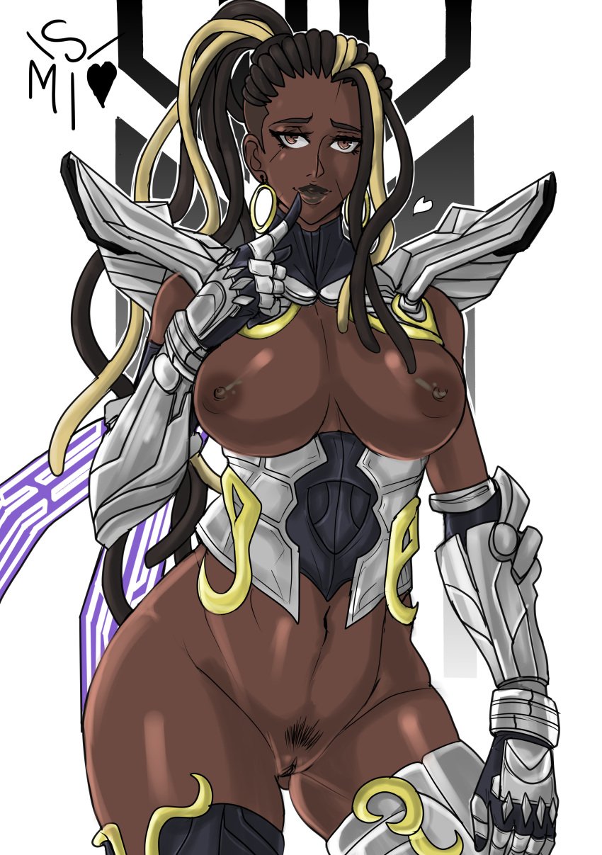 1girls absurdres armor ass_visible_through_thighs black_female black_hair black_lips blonde_hair bottomless breasts breasts_out brown_eyes commission cornrows dark-skinned_female dark_nipples dark_skin earrings elbow_gloves female finger_to_mouth gloves hairlocs heart highres hoop_earrings large_breasts lips looking_at_viewer master_raven navel ninja nipples ponytail pubic_hair pussy scar sekushimagik simple_background solo tekken tekken_7 thick_thighs thighhighs two_tone_hair white_background