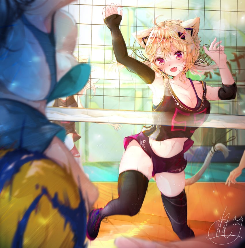 1girl ahoge animal_ears armpits black_gloves black_legwear black_shirt blonde_hair blurry blurry_foreground breasts cat_ears cat_tail catgirl cleavage crop_top depth_of_field face_markings female_only long_hair looking_at_viewer motion_blur multiple_girls navel open_mouth pink_eyes red_eyes red_shorts shirt short_hair short_shorts shorts signature sleeveless sleeveless_shirt smile solo_focus squchan_(vtuber) standing sweat tail thighhighs virtual_youtuber volleyball volleyball_uniform vyugen