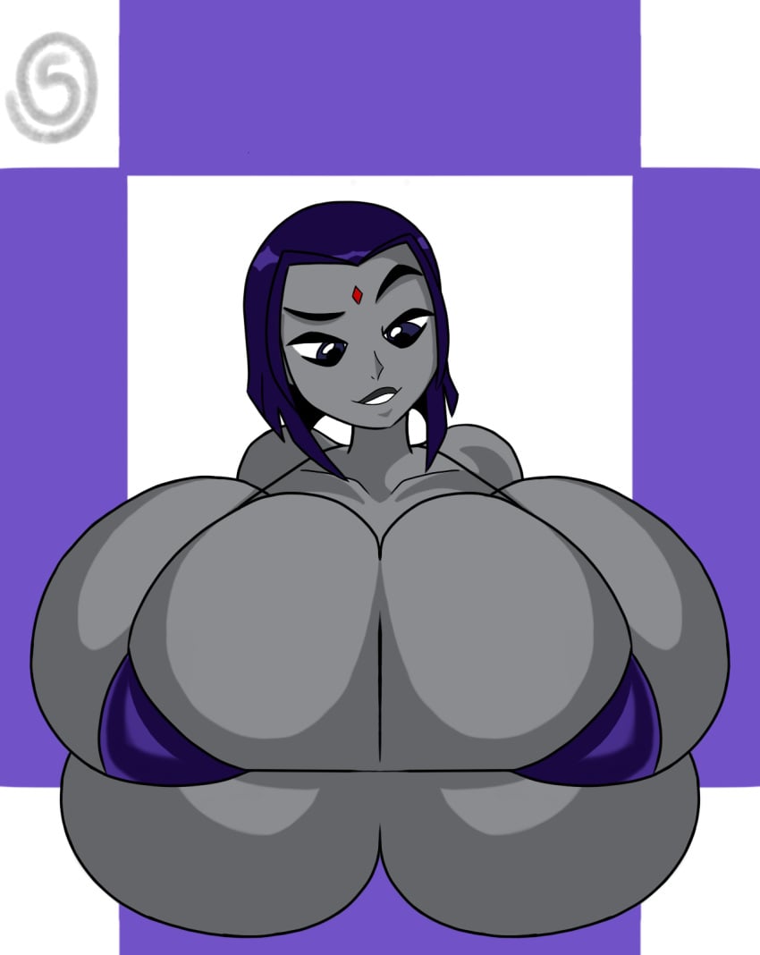 1girls abstract_background bikini_top bust cartoon_network cleavage collarbone dc dc_comics female female_only forehead_jewel front_view gothic grey_skin hyper_breasts looking_at_self proud purple_bikini purple_eyes purple_hair rachel_roth raised_eyebrow raven_(dc) short_hair skindentation smile solo teen_titans valerya5