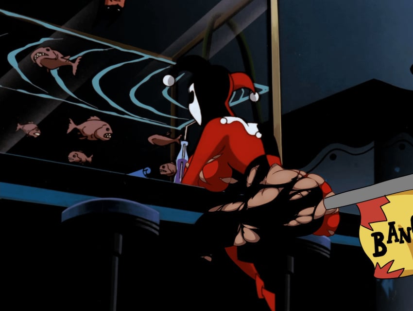 alternate_ass_size alternate_breast_size ambiguous_penetration aquarium backboob bar_stool batman:_the_animated_series batman_(series) bottle breasts cartoon_network dc dc_comics dcau drinking edit facepaint female fish flag harley_quinn harley_quinn_(classic) hat human indoors inside jester_cap jester_hat jester_outfit piranha ripped_clothing ripped_pants ripped_shirt screenshot screenshot_edit sideboob sitting sitting_on_chair stool straw yetig