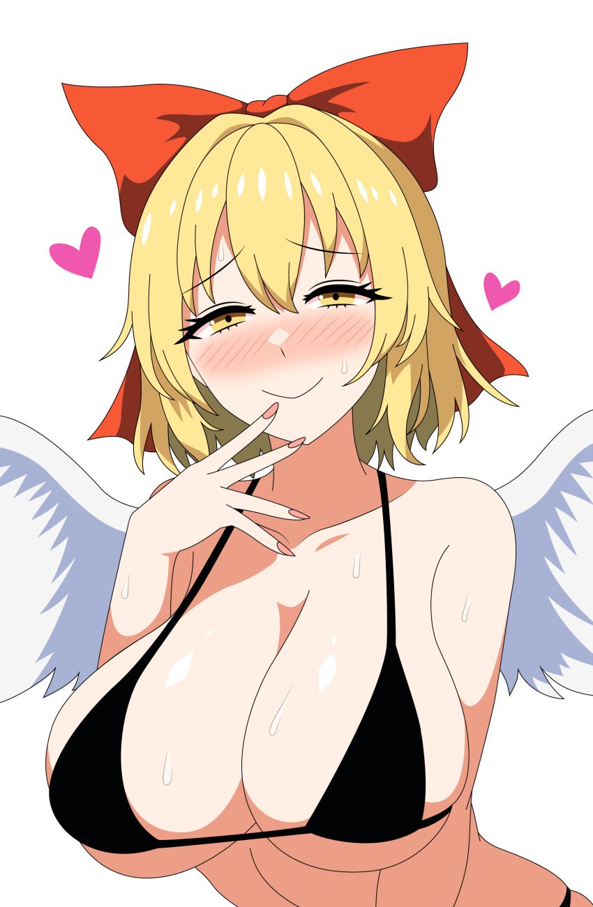 1girls 2d bare_shoulders bikini blonde_hair blush breasts female gengetsu gengetsu_(touhou) hair_ribbon heart looking_at_viewer medium_breasts short_hair simple_background smile solid_color_background solo source ssaf ssaf52913778 ssaf_seibeupail sweat touhou touhou_(pc-98) white_background wings yellow_eyes