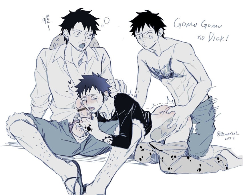 2022 3boys :o aged_up ass blush censored chest_tattoo clothes_pull commentary_request dated demorzel doggy_style dual_persona earrings erection facial_hair gay goatee group_sex hat highres jewelry large_penis leg_hair looking_at_another male male_only mmm_threesome monkey_d_luffy multiple_boys one_piece pants pants_pull penis penis_grab precum sandals scar scar_on_cheek scar_on_chest scar_on_face sex sex_from_behind shirt short_hair sitting straw_hat stretched_limb tattoo testicles threesome time_paradox tongue tongue_out topless_male trafalgar_law translation_request trembling wide-eyed x-ray yaoi