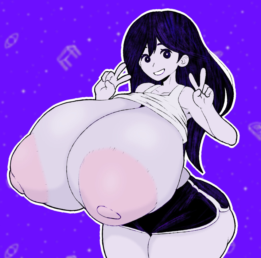 areolae big_ass big_breasts big_hips breasts breasts_out_of_clothes curvaceous double_peace_sign female flashing hyper_breasts long_hair looking_at_viewer mari_(omori) nipples no_bra omori peace_sign posing puffy_nipples shirt_lift shorts spintopple top_heavy top_heavy_breasts topless