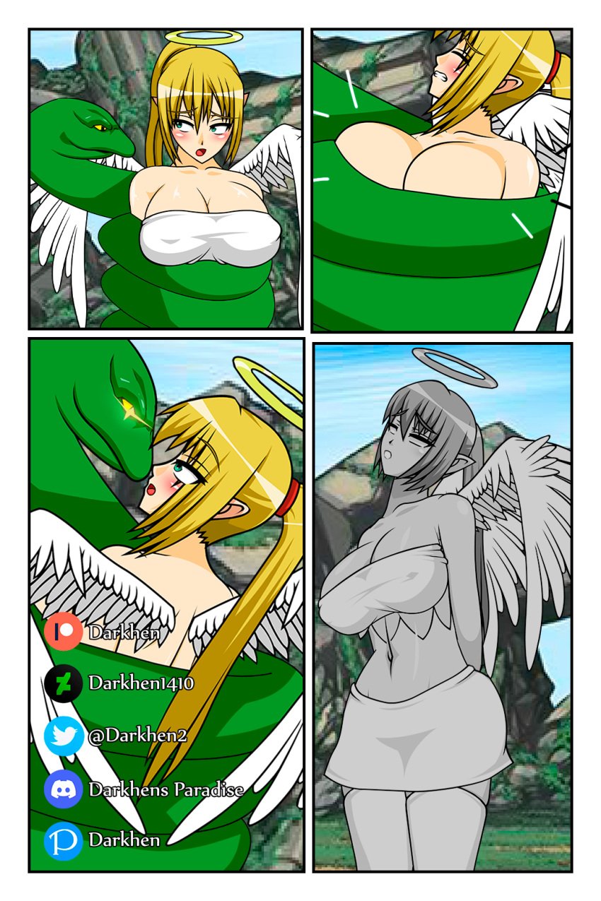 1girls angel angel_girl_x angel_wings comic darkhen1410 game_cg game_over halo koooon_soft koooonsoft_angel_girl petrification snake tagme