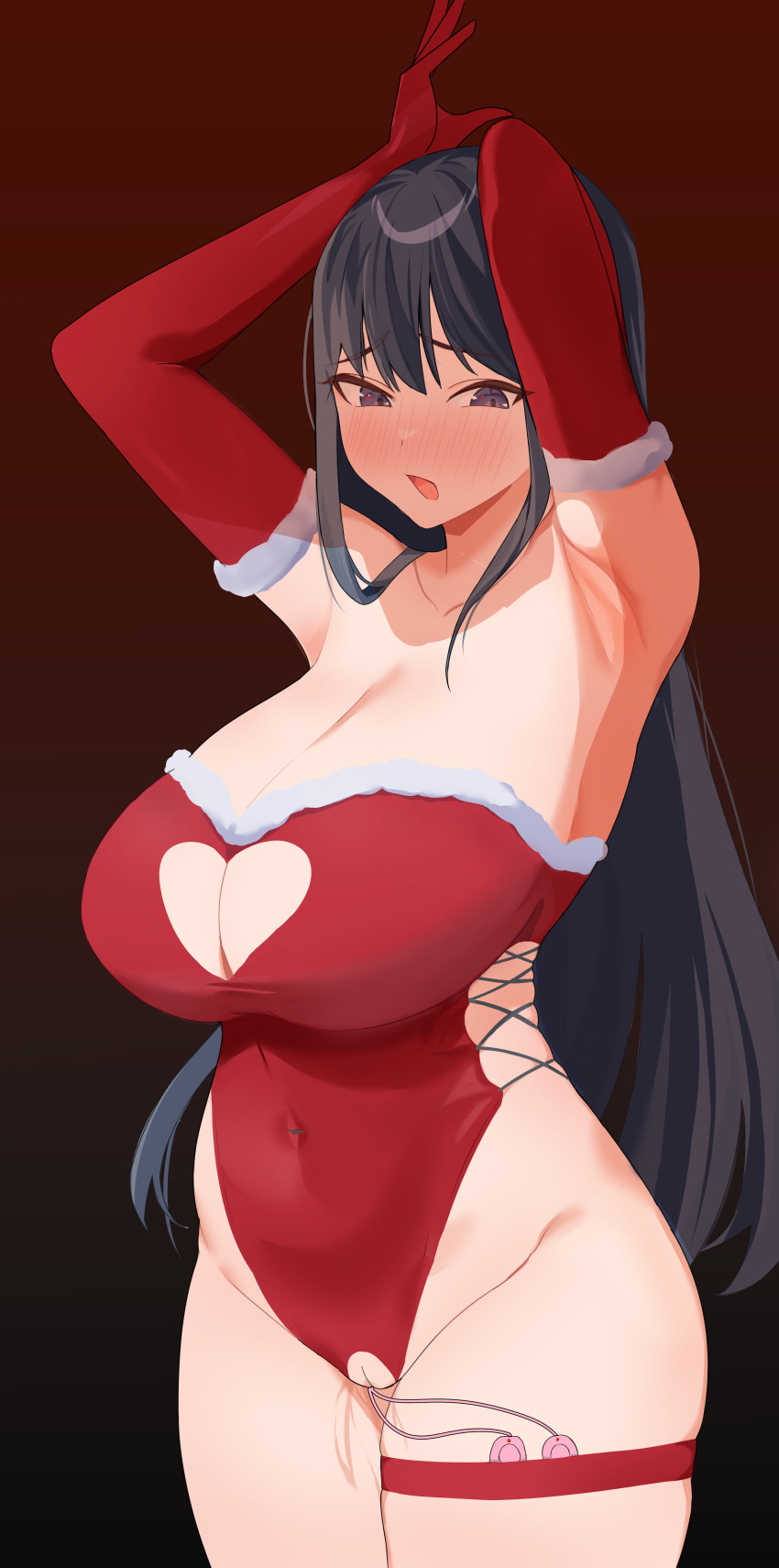 1girls absurdres armpits arms_up black_background black_eyes black_hair blush breasts christmas clothing_cutout covered_navel cross-laced_leotard crotchless crotchless_leotard elbow_gloves female female_only fur-trimmed_gloves fur-trimmed_leotard fur_trim gloves gradient_background heart_cutout highleg highleg_leotard highres huge_breasts leotard light-skinned_female light_skin long_hair looking_down nose_blush open_mouth original pussy pussy_juice red_background red_gloves side-tie_leotard skindentation solo sovietex strapless strapless_leotard thigh_strap uncensored very_long_hair vibrator_in_thigh_strap