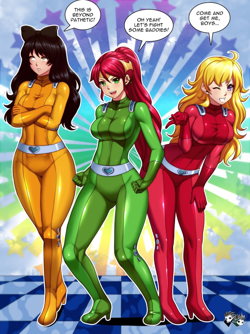 3girls alex_(totally_spies)_(cosplay) alternate_costume belt belt_buckle black_hair blake_belladonna blonde blonde_hair bodysuit boots breasts circlet clothing clover_(totally_spies)_(cosplay) cosplay crossover english_text female gloves handwear heart-shaped_buckle heart_buckle high_heel_boots high_heels high_ponytail jadenkaiba knee_boots latex latex_suit lineup long_hair looking_at_viewer multiple_girls open_mouth ponytail pyrrha_nikos red_hair rwby sam_(totally_spies)_(cosplay) skin_tight speech_bubble text totally_spies yang_xiao_long