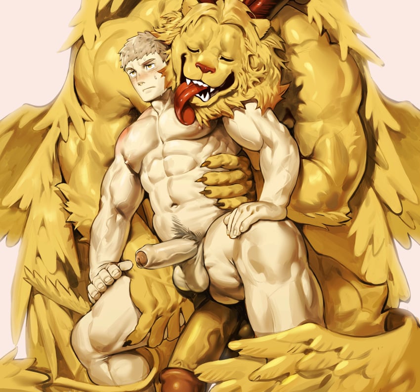 2boys abs absurdres bara blonde_hair claws closed_eyes commentary completely_nude demon_horns dungeon_meshi english_commentary erection furry gay hand_on_own_leg highres holding horns hug hug_from_behind huge_cock laios_touden licking light_blush lion male male/male male_only multiple_boys muscular muscular_male nude penis penis_size_difference size_difference sweat uza_(hellme) white_background winged_lion_(dungeon_meshi) yaoi yellow_eyes