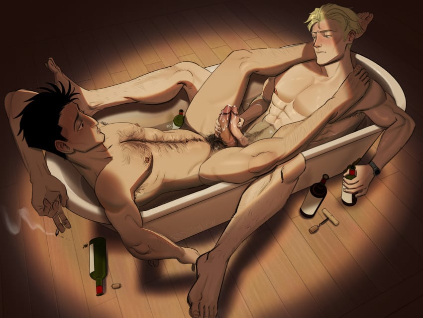 2boys alternate_version_available balls_touching barefoot bath bathing_together bathtub blush cigarette cum cum_as_lube dicks_touching double_handjob feet frottage frotting gay handjob hiromi_higuruma jujutsu_kaisen kento_nanami male_only naked radish_breath radishnsfw shared_bathing wine wine_bottle yaoi