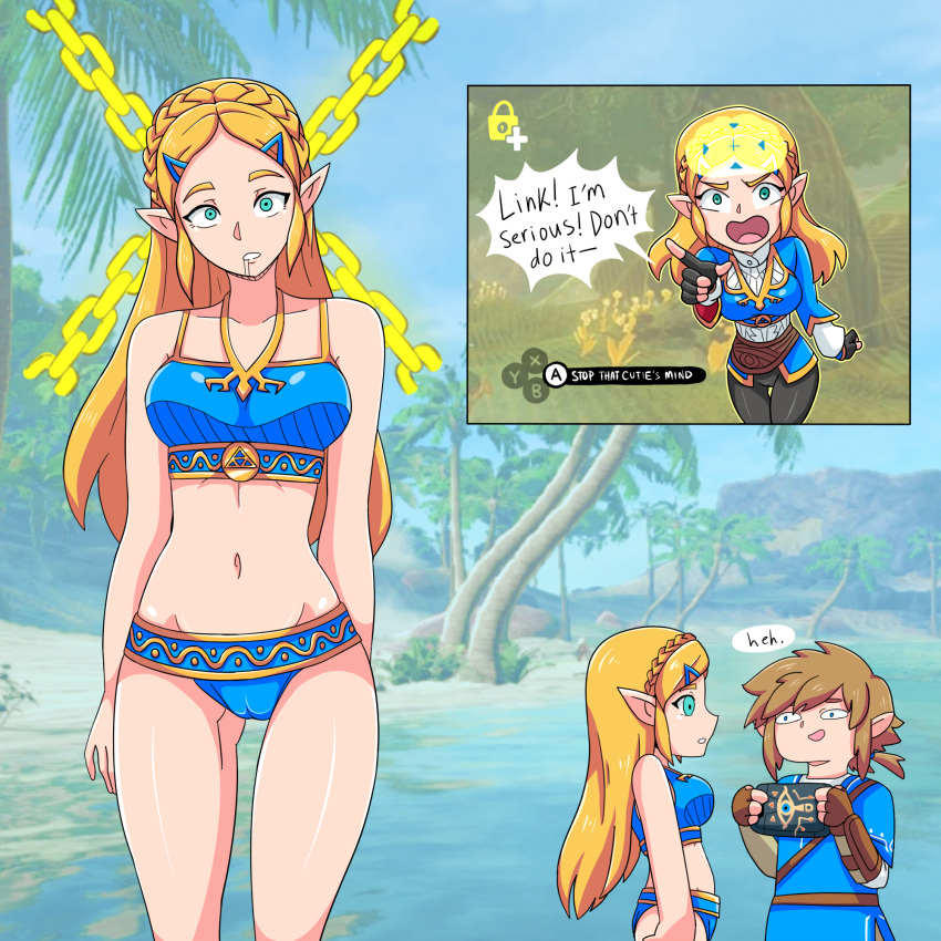 1:1 1:1_aspect_ratio 1boy 1girls 2020s 20s alternate_costume armor arms_behind_back assertive_male beach big_breasts bikini black_pants blank_expression blank_stare blonde blonde_female blonde_hair blonde_hair_female blue_bikini blue_eyes blue_eyes_male blue_tunic braid brain breasts breath_of_the_wild brown_gloves brown_hair brown_hair_male cameltoe camera chains chibi chibi_inset cleft_of_venus clueless crown_braid dialog dialogue dialogue_bubble dominant dominant_male domination domination/submission drooling electrickronos empty_eyes english english_dialogue english_text expressionless expressionless_face eye_contact eye_contact_pov female femsub fingerless_gloves gameplay_mechanics gauntlets gloves gold_trim green_eyes green_eyes_female green_hair hair_ornament hairclip head_tilt highres holding holding_tablet hylian hylian_ears hypnosis hypnotized imminent_rape large_breasts leaning_forward light-skinned_female light-skinned_male light_skin link link_(breath_of_the_wild) long_hair long_hair_female long_sleeves looking_at_another looking_at_viewer magic male male_pov maledom midriff mind_control mindless navel nintendo open_mouth outdoors pants parted_lips photo_background png pointing pointy_ears pov pov_eye_contact princess princess_zelda runes saliva sand sheikah_slate shirt short_hair short_hair_male short_sleeves sidelocks speech_bubble split_screen standing standing_at_attention stasis stasis_rune submission submissive_female swimsuit tablet tablet_pc talking talking_to_another talking_to_viewer target text text_bubble the_legend_of_zelda the_legend_of_zelda:_breath_of_the_wild tight_clothes tight_clothing tight_pants time_stop tits tree tunic unaware undershirt viewfinder water white_shirt x-ray x-ray_vision zelda_(breath_of_the_wild)