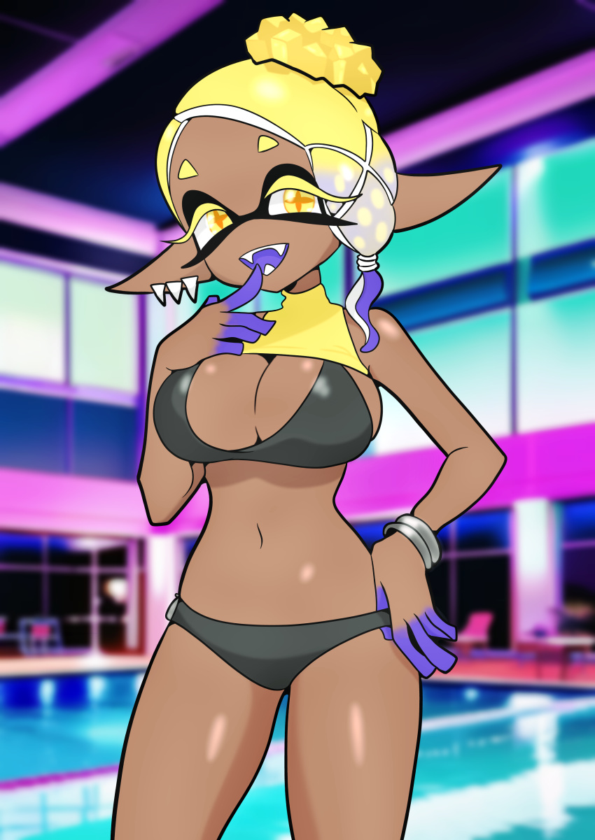 2024 absurd_res animal_humanoid big_breasts bikini black_bikini black_clothing black_eyelashes black_swimwear blonde_hair bracelet breasts cephalopod cephalopod_humanoid cleavage clothed dark-skinned_female dark_body dark_skin dipstick_fingers ear_piercing eyelashes female female_only frye_(splatoon) frye_onaga furry_funnychan hair hand_on_hip hi_res humanoid humanoid_pointy_ears inkling jewelry looking_at_viewer marine marine_humanoid mollusk mollusk_humanoid multicolored_hair navel nintendo open_mouth outside pool poolside pseudo_hair pupils purple_hair solo splatoon splatoon_(series) splatoon_3 squid_humanoid swimwear tentacle tentacle_hair thick_thighs topwear two-tone_hair unusual_pupils wide_hips yellow_eyebrows yellow_eyelashes yellow_eyes yellow_hair