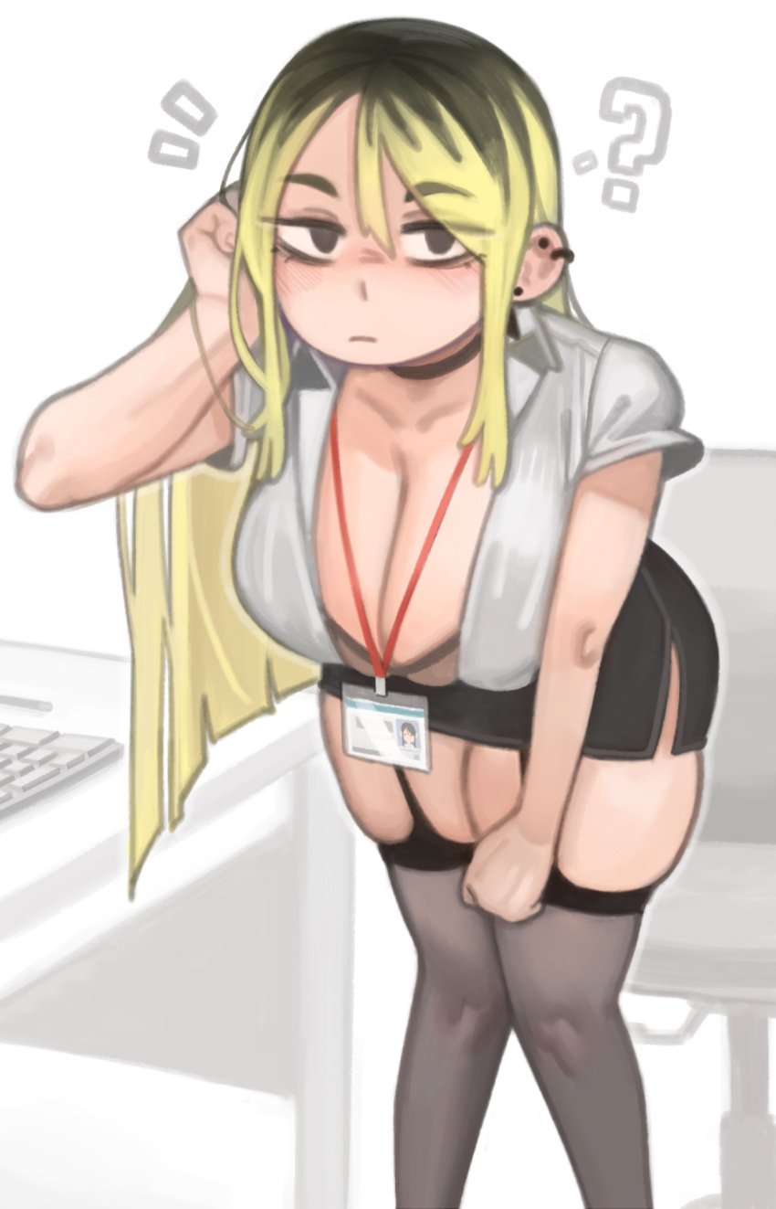 1girls ? bent_over blonde_hair blush breasts cleavage female huge_breasts kelvin_hiu leaning_forward light-skinned_female light_skin long_hair massive_breasts ochiai_san office_lady original original_character skirt solo standing thigh_squish thighhighs thighs