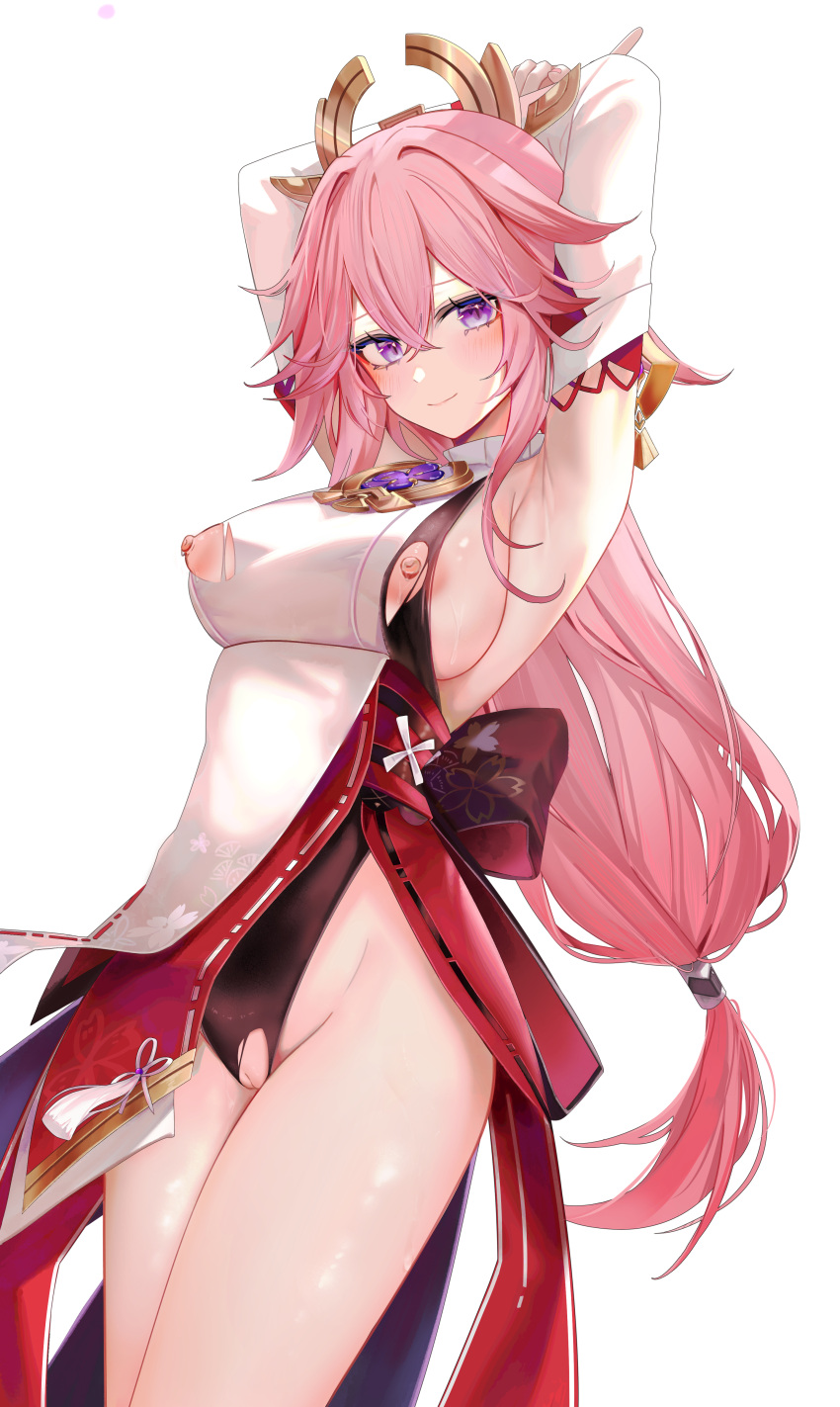 1girls armpits arms_behind_head arms_up blush breasts detached_sleeves female genshin_impact highleg highleg_leotard japanese_clothes large_breasts leotard nipples no_bra no_panties partially_clothed pelvic_curtain pelvic_curtain_aside pink_hair ponytail purple_eyes pussy ru_zhai shaved_pussy sideboob solo solo_female thighs torn_clothes wet wet_skin yae_miko