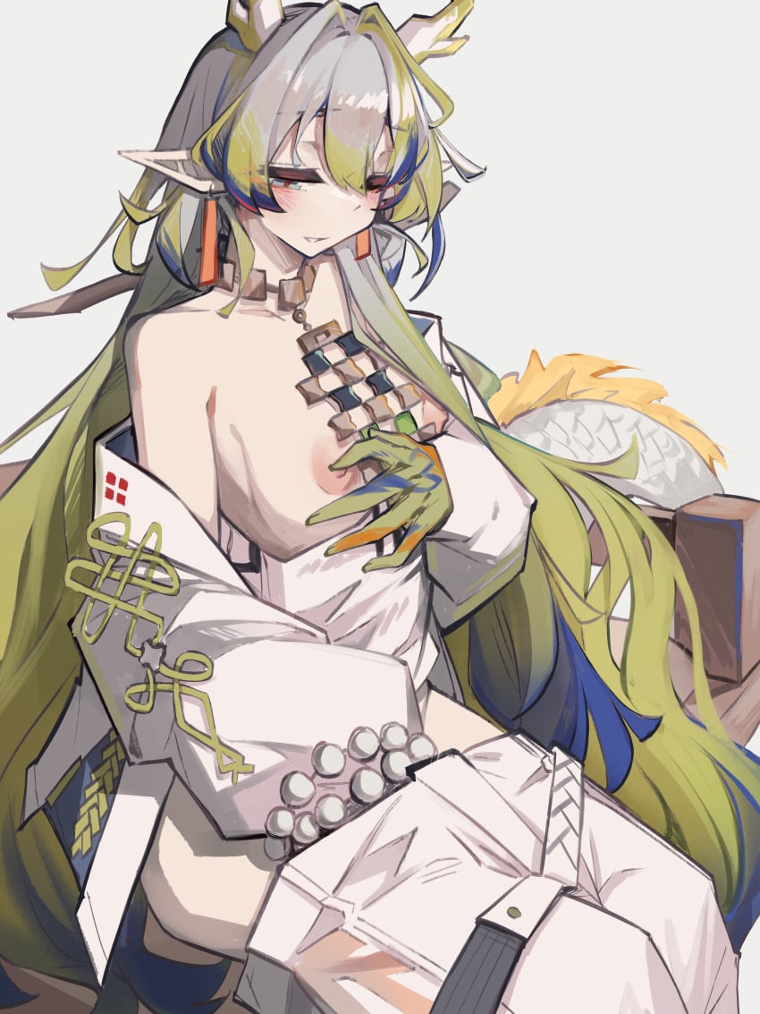 2024 arknights blue_hair breasts breasts_out clothed_masturbation colored_skin colored_tips dragon_girl dragon_horns dragon_tail earrings female female_masturbation green_hair grey_background grey_hair hi_res horns jacket jewelry long_sleeves masturbation medium_breasts multicolored_hair nipple_stimulation nipple_tweak nipples off_shoulder pants pointy_ears shu_(arknights) sitting small_breasts solo tail tassel tassel_earrings togekk0 white_jacket white_pants