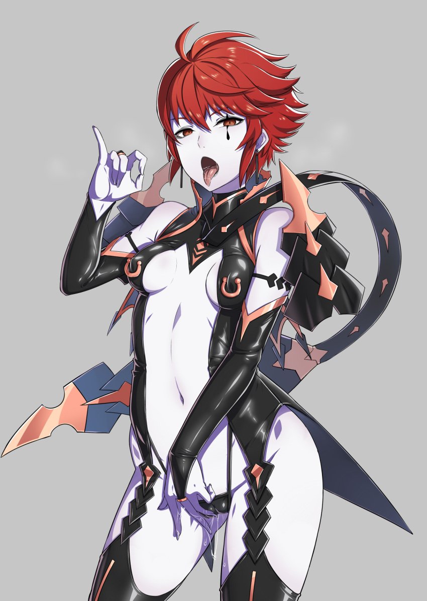 1girls alternate_costume ass_visible_through_thighs bare_midriff bare_thighs black_panties breasts bridal_gauntlets center_opening cosplay earrings facial_mark facial_tattoo fellatio_gesture female female_only fingering fingering_self fingering_through_clothes fire_emblem fire_emblem_fates garter_straps gesture gozaru hinoka_(fire_emblem) inviting inviting_to_sex kronya_(fire_emblem)_(cosplay) looking_at_viewer masturbation midriff naughty_face nintendo open_mouth orange_eyes panties partially_visible_vulva piercing purple_skin pussy_juice red_eyes red_hair revealing_clothes ring_piercing saliva scarf short_hair sideboob small_breasts solo suggestive tail thighs tongue tongue_out underwear vaginal_penetration