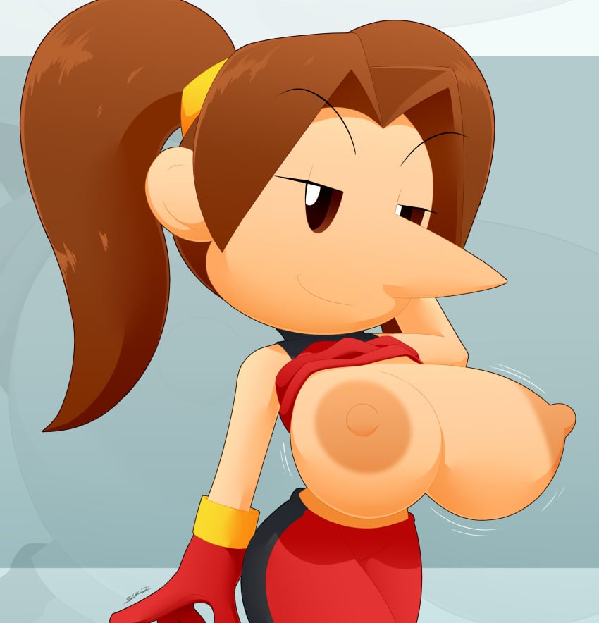 1girls absurd_res atlus breasts breasts_out dark_nipples female gloves highres huge_breasts linda_maltinie long_nose nipples pointy_nose red_gloves shortstack slickehedge snowboard_kids solo twintails