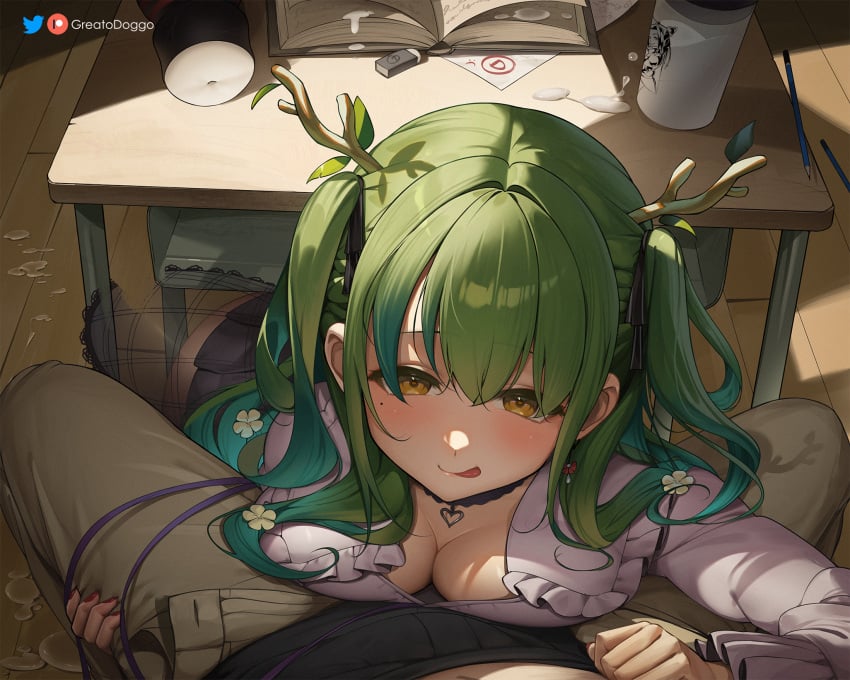 1boy 1girls breasts ceres_fauna ceres_fauna_(3rd_costume) female greatodoggo green_hair hi_res hololive hololive_english hololive_english_-council- hololive_english_-promise- horns huge_breasts large_breasts long_hair male male_pov pov saplings_(ceres_fauna) virtual_youtuber yellow_eyes