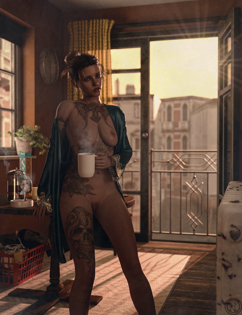 1female 1girl 1girls 1woman apartment apartment_building breasts coffee coffee_mug door_open female female_focus female_human female_only feminine feminine_body girl girl_only greengiant3d hair_tied hot_coffee indoor_nudity indoors morning oc only_female original original_female_character petite petite_body petite_breasts petite_female robe_open shaved_pussy solo solo_female solo_focus sunshine tattoo_on_chest tattoo_on_leg tattooed_female tattoos woman