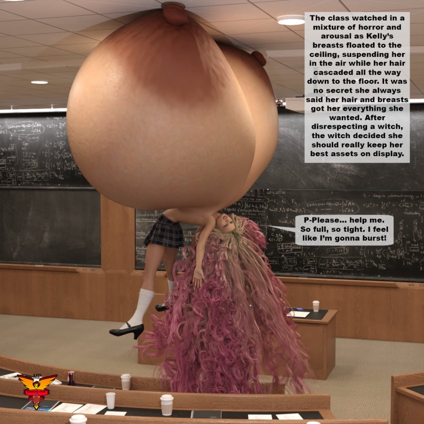 about_to_burst breast_expansion breasts_bigger_than_body caption classroom dialogue floating hair_growth hyper_breasts inflation mpcreativearts skirt tagme