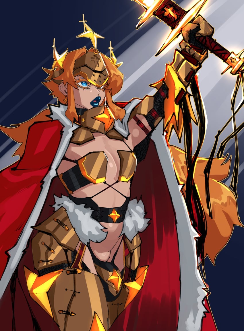 1boy ambush_(trap) angel angel_boy armor axred7 blonde_hair blue_eyes blue_lipstick bulge lipstick male male_focus male_only original sera_(raylero_oc) short_hair solo solo_female solo_focus sword thick thick_thighs thighs weapon wide_hips