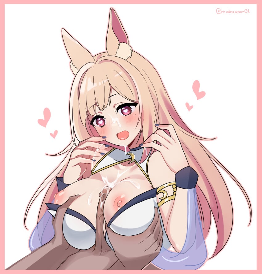 1boy 1boy1girl 1girls animal_ears blonde_hair blush bunny_ears chromevt cum cum_on_breasts cum_on_face dark-skinned_male dark_skin female_focus grabbing_breasts heart-shaped_pupils hearts hearts_around_head highres latam_virtual_youtuber light-skinned_female light_skin long_ears long_hair looking_at_penis looking_down male/female midocream01 mole mole_under_eye mole_under_mouth open_mouth paizuri penis pink_eyes semen semen_on_breasts simple_background titfuck titjob virtual_youtuber white_background